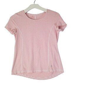 TALBOTS Womens T-Shirt SmallP Stripes High-Low Round‎ Hem Pink White Stretchy
